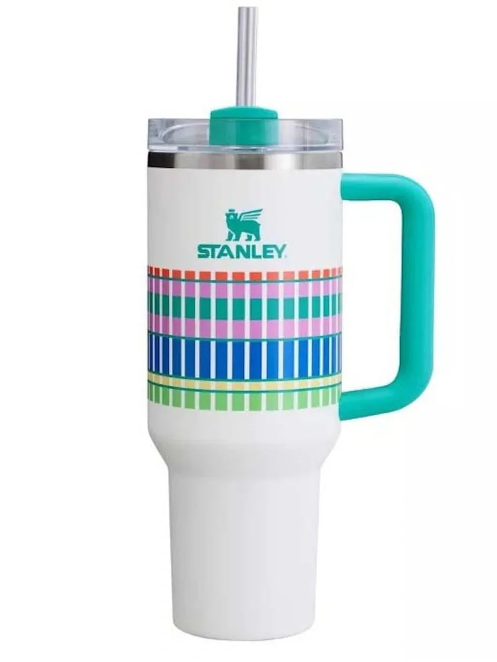 Stanley White Tumbler with Teal Handle and Multicolor Stripe - Picture 2 of 2